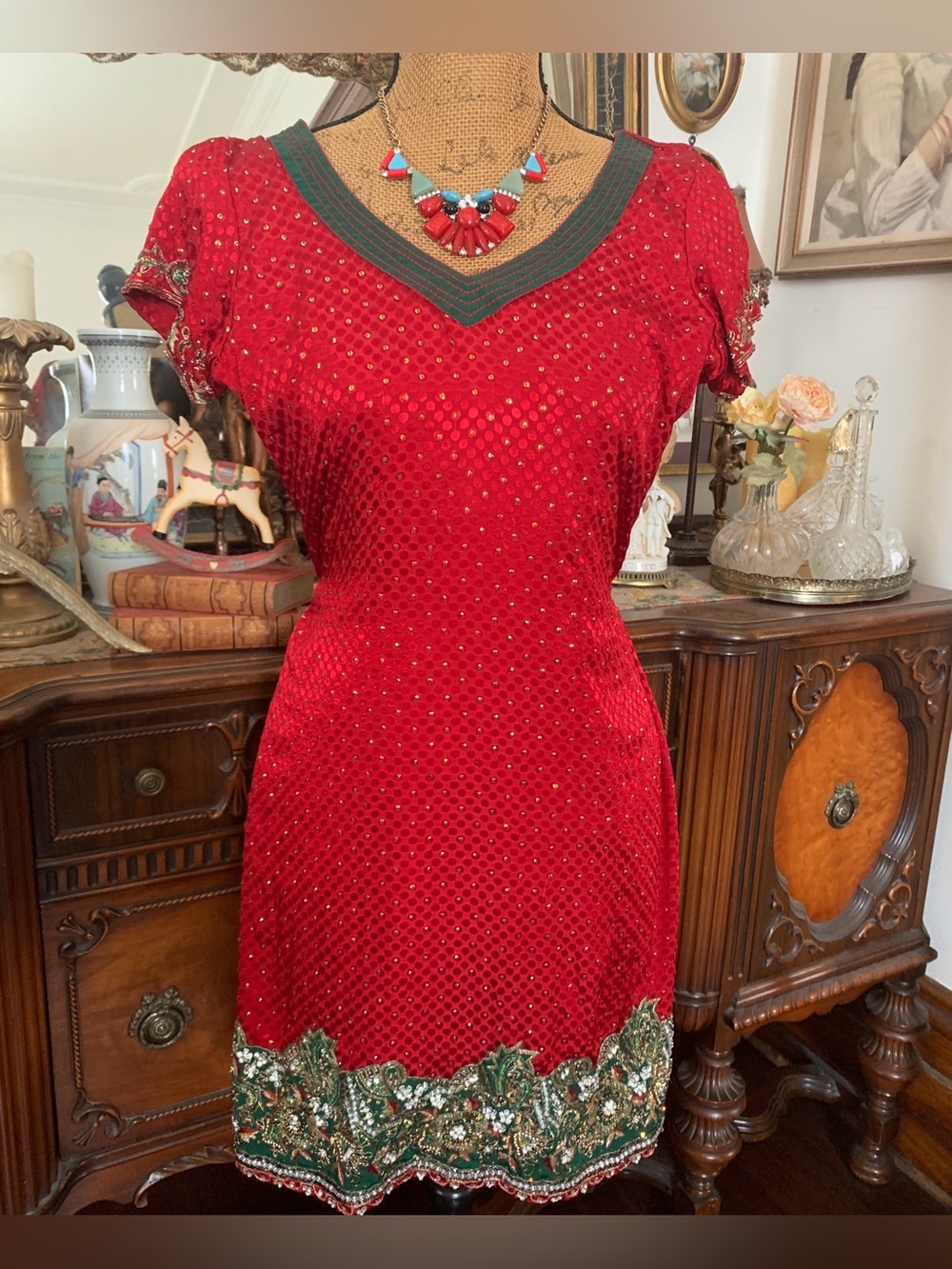 Vintage Ornate Red Christmas Holiday Wedding Tunic Dress Kurti Blouse Mini Dress